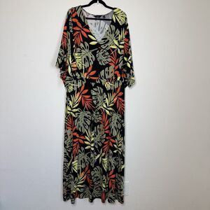 G By Giuliana Size 1X Tropical Palm Leaf Kimono Sleeve Empire Waist Maxi Dress